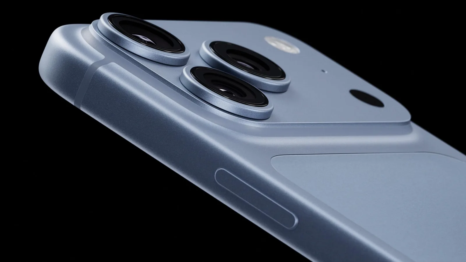 iPhone 18 Pro в цвете Light Blue под углом, три камеры и вспышка