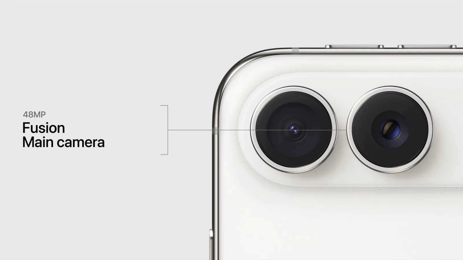 Крупный план двух камер iPhone Duo с подписью «48MP Fusion Main camera»
